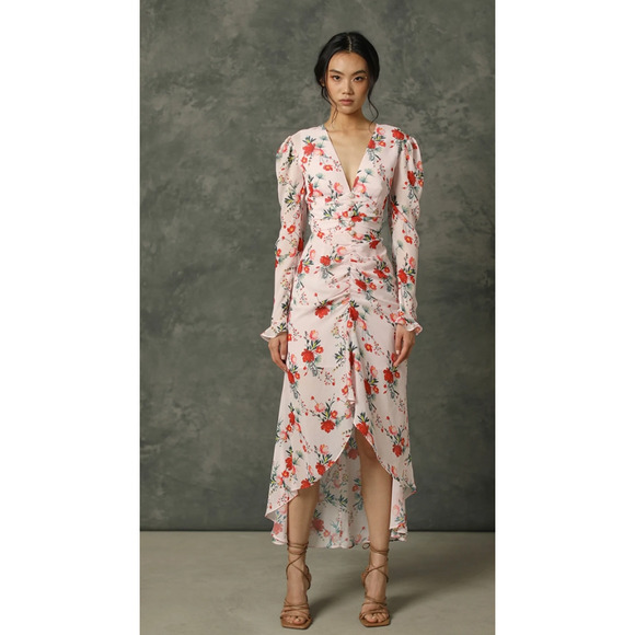 NWT Sau Lee Ciara Pink Floral Ruffle Midi Dress Size 6 Wedding Guest - Picture 2 of 16